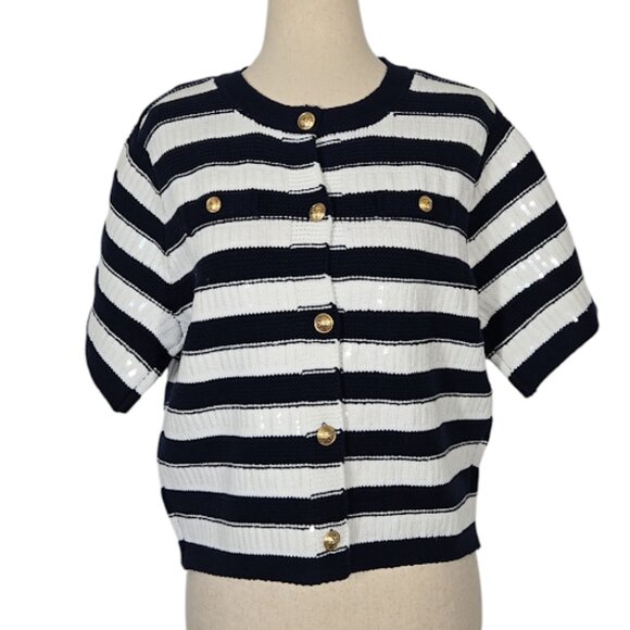 SAM EDELMAN Colleen Stripe Short Sleeve Cardigan knit blue Size Medium NWT - Picture 1 of 9
